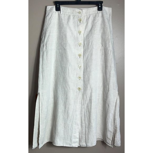Talbots Linen Maxi Skirt Beige Button A-line Pockets Belt Loops Lined Womens 14 - Picture 1 of 9